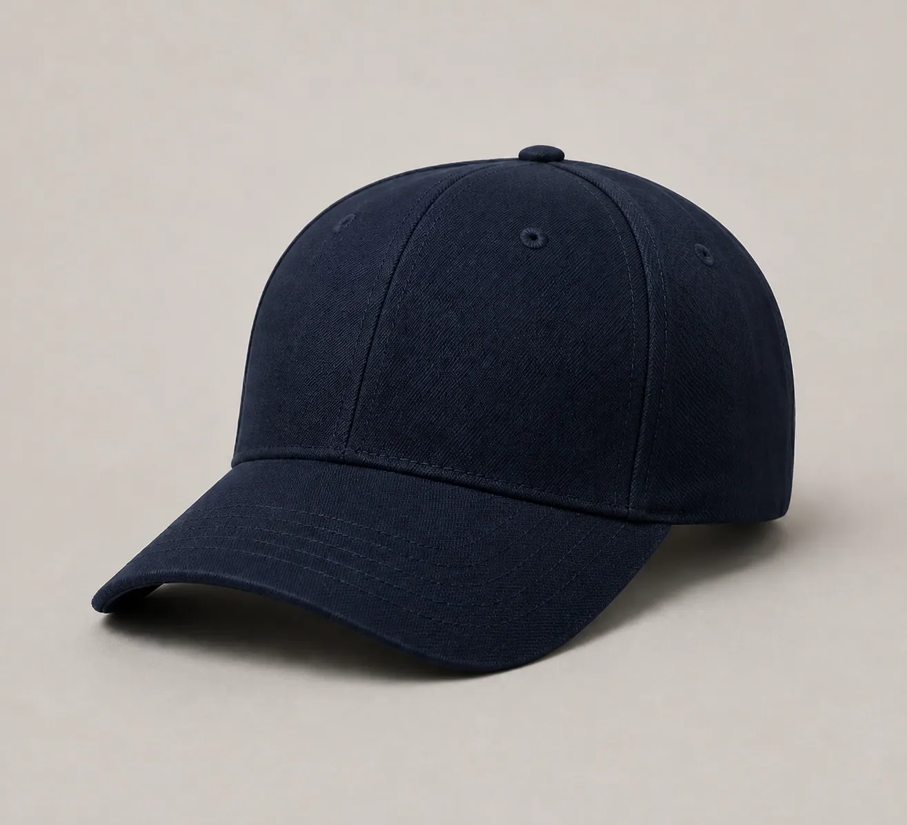 Navy six-panel custom baseball cap manufacturing reference